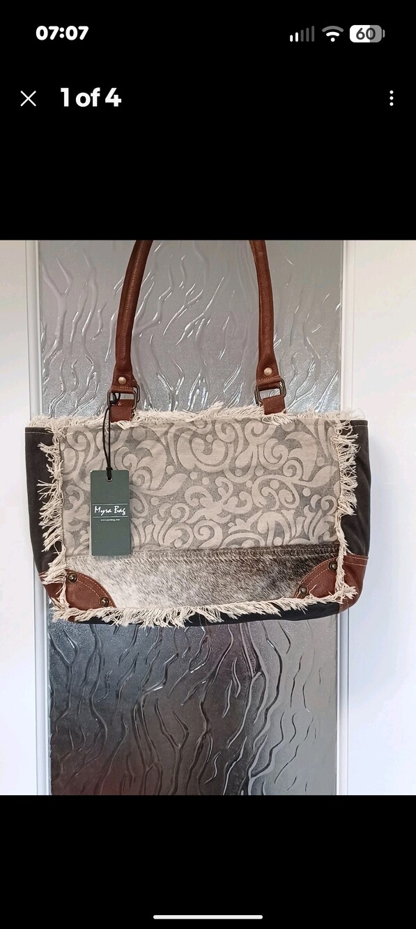 Myra Bag Hairon Leaf Print Small & Cross Body Bag Olive Brown White NWT